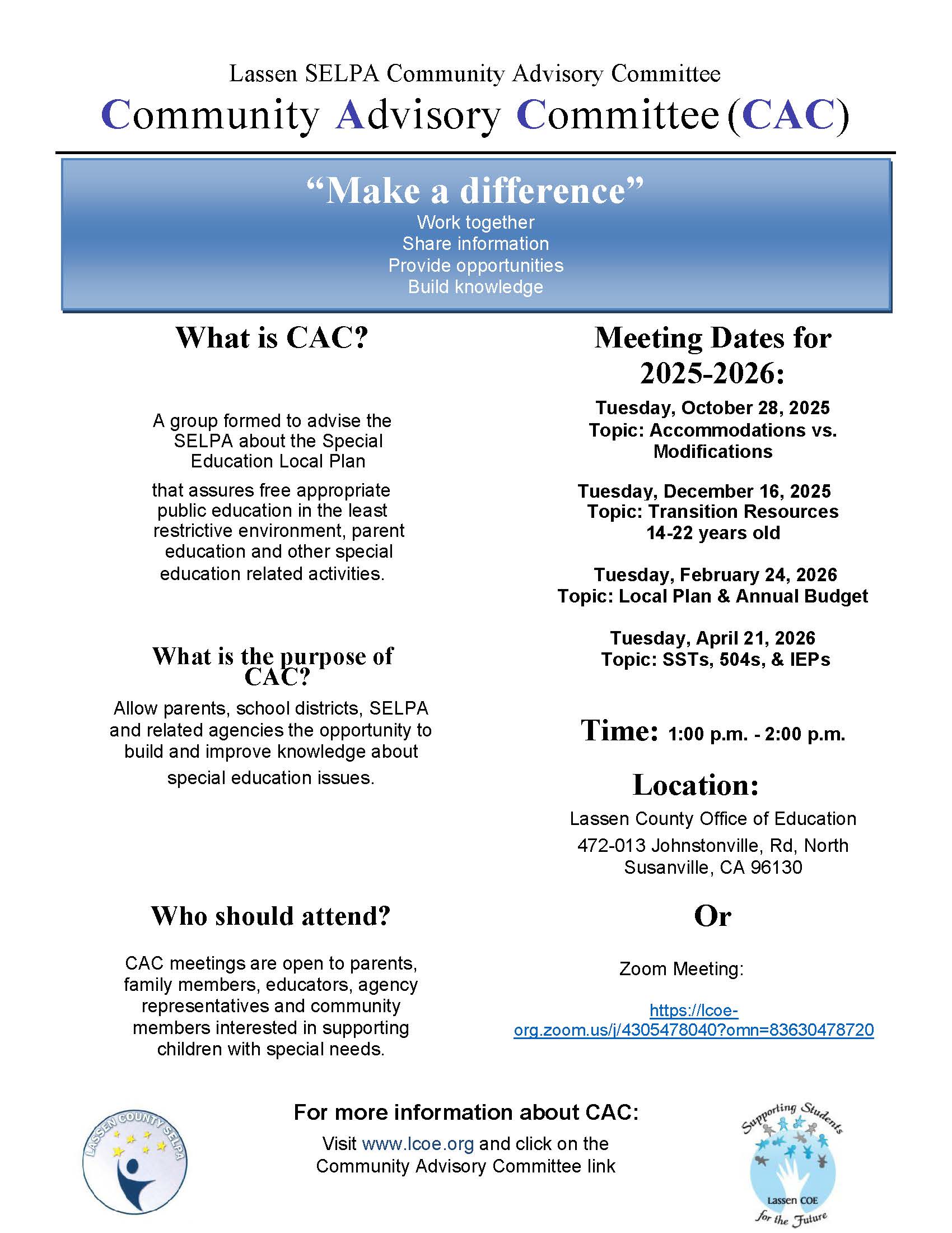 Flyer titled “Lassen SELPA Community Advisory Committee (CAC)” with a slogan “Make a difference – Work together, Share information, Provide opportunities, Build knowledge.”  Sections:  What is CAC? Describes CAC as a group advising SELPA about the Special Education Local Plan, ensuring appropriate public education in the least restrictive environment, and supporting parent and special education activities.  What is the purpose of CAC? States that CAC allows parents, school districts, SELPA, and related agencies to build and improve knowledge about special education issues.  Who should attend? Lists that meetings are open to parents, family members, educators, agency representatives, and community members supporting children with special needs.  Meeting Dates for 2025–2026:  Tuesday, October 28, 2025: Topic – Accommodations vs. Modifications  Tuesday, December 16, 2025: Topic – Transition Resources 14–22 years old  Tuesday, February 24, 2026: Topic – Local Plan & Annual Budget  Tuesday, April 21, 2026: Topic – SSTs, 504s, & IEPs  Time: 1:00 p.m. – 2:00 p.m. Location: Lassen County Office of Education, 472-013 Johnstonville Rd, North Susanville, CA 96130 Or Zoom Meeting: link provided  Footer: For more information, visit www.lcoe.org  and click the Community Advisory Committee link. Logos of Lassen County Office of Education and Supporting Students – Shaping the Future are at the bottom.