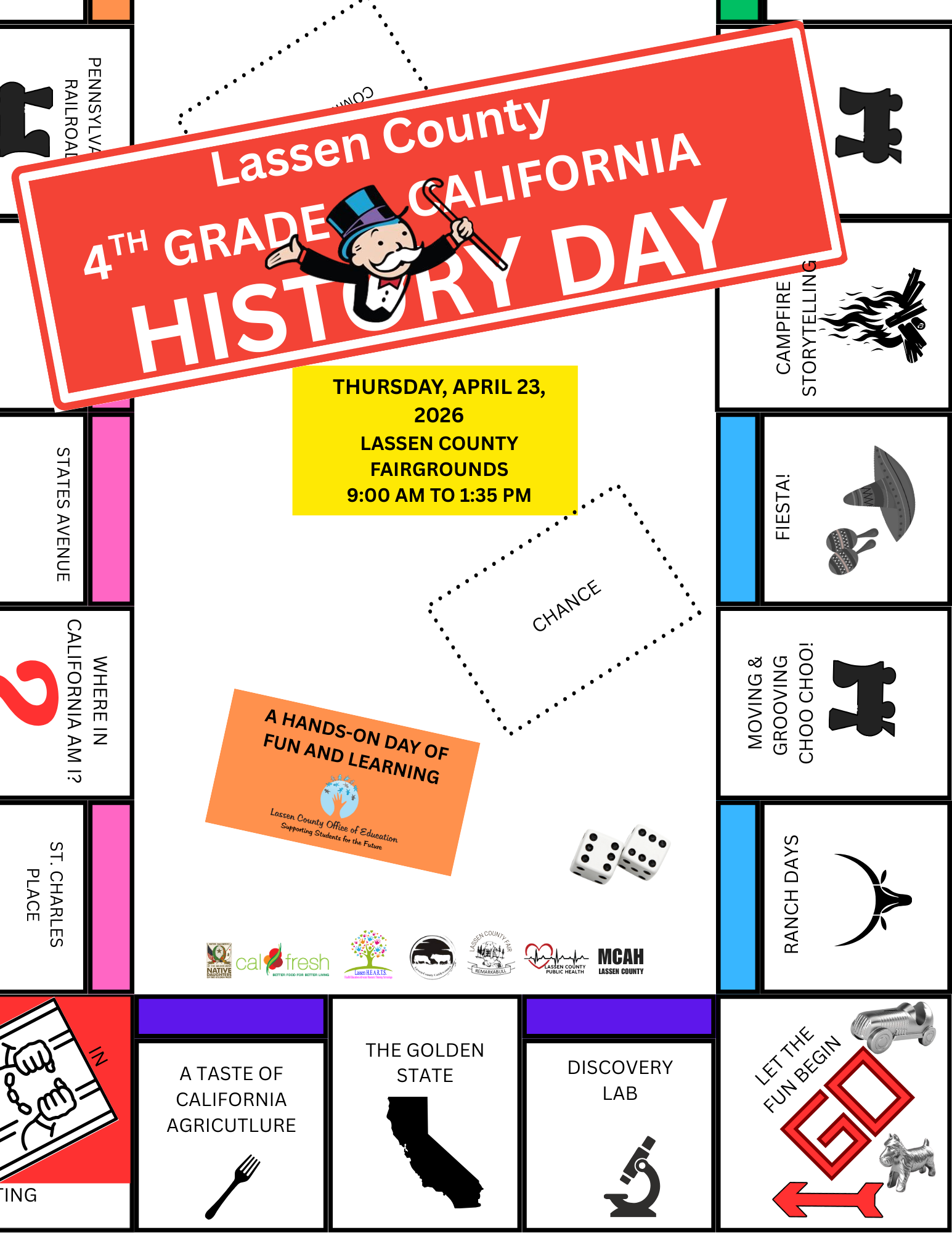 Promotional flyer for Lassen County 4th Grade California History Day, styled like a Monopoly game board. The event is scheduled for Thursday, April 23, 2026, from 9:00 AM to 1:35 PM at the Lassen County Fairgrounds. The board-themed design features game spaces labeled with educational activities such as “Campfire Storytelling,” “Where in California Am I?”, “A Taste of California Agriculture,” “The Golden State,” “Discovery Lab,” and “Ranch Days.” The flyer includes Monopoly-themed graphics like dice, game tokens, and the character Rich Uncle Pennybags (Monopoly Man). Logos of supporting organizations such as CalFresh, MCAH, and Lassen County Office of Education are also displayed.