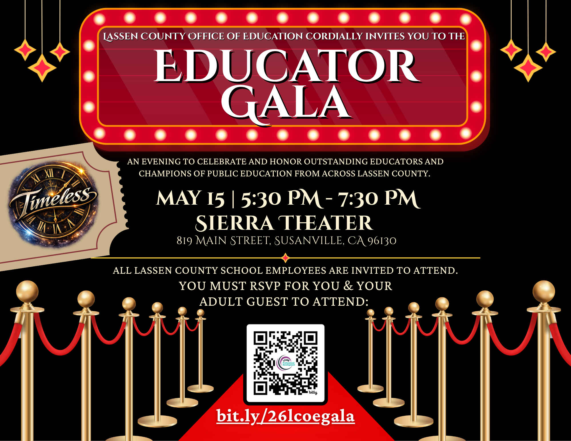 Flyer for the Lassen County Office of Education Educator Gala featuring a red carpet theme. The event will be held May 15 from 5:30–7:30 PM at the Sierra Theater, 819 Main Street, Susanville, CA. The evening celebrates outstanding educators across Lassen County. All school employees are invited and must RSVP for themselves and one adult guest using a QR code or link (bit.ly/261lcoegala).