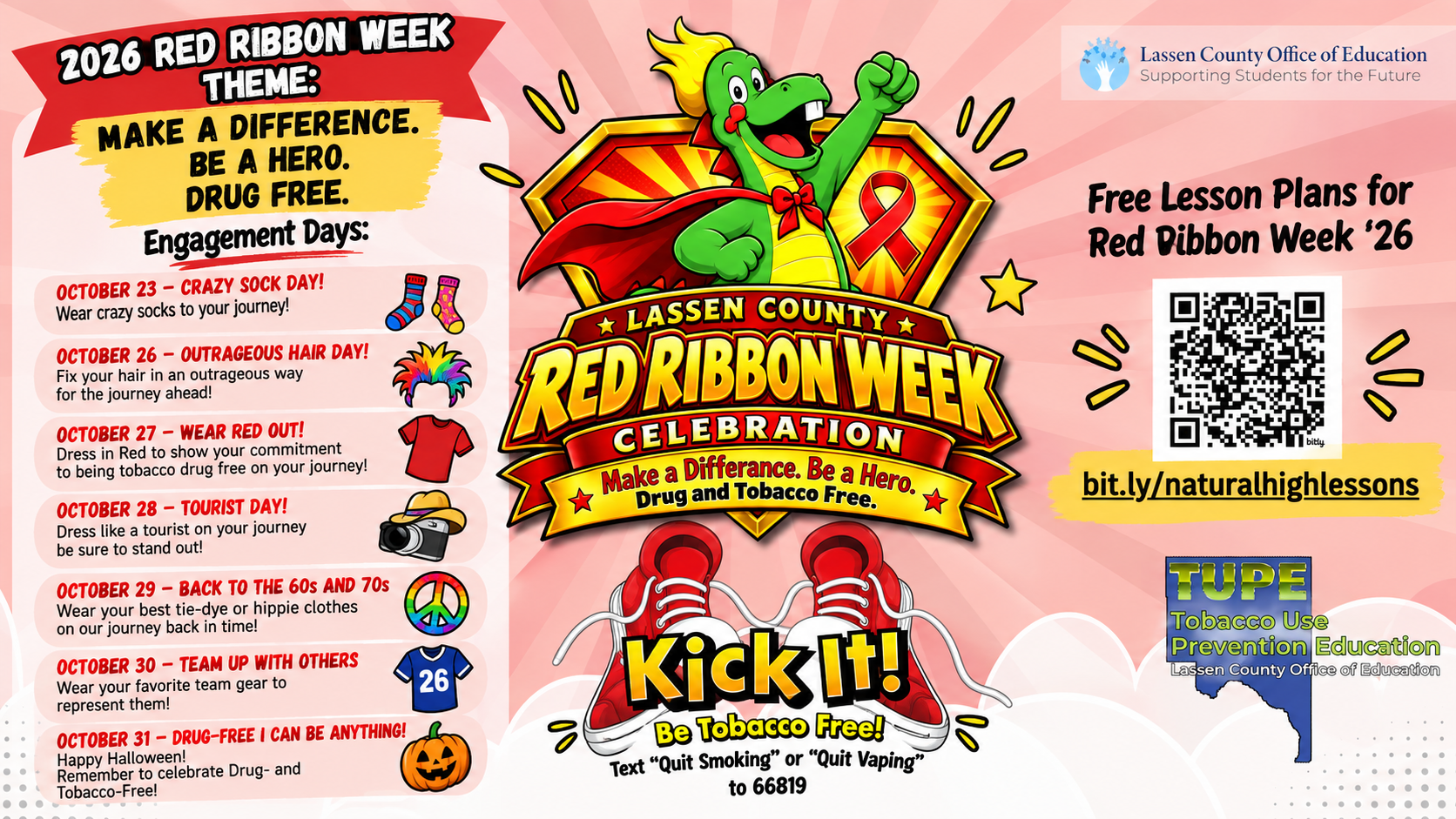 2026 Lassen County Red Ribbon Week banner featuring the theme “Make a Difference. Be a Hero. Drug Free.” with daily school engagement activities from October 23–31, tobacco prevention messaging, and free Red Ribbon Week lesson-plan resources.