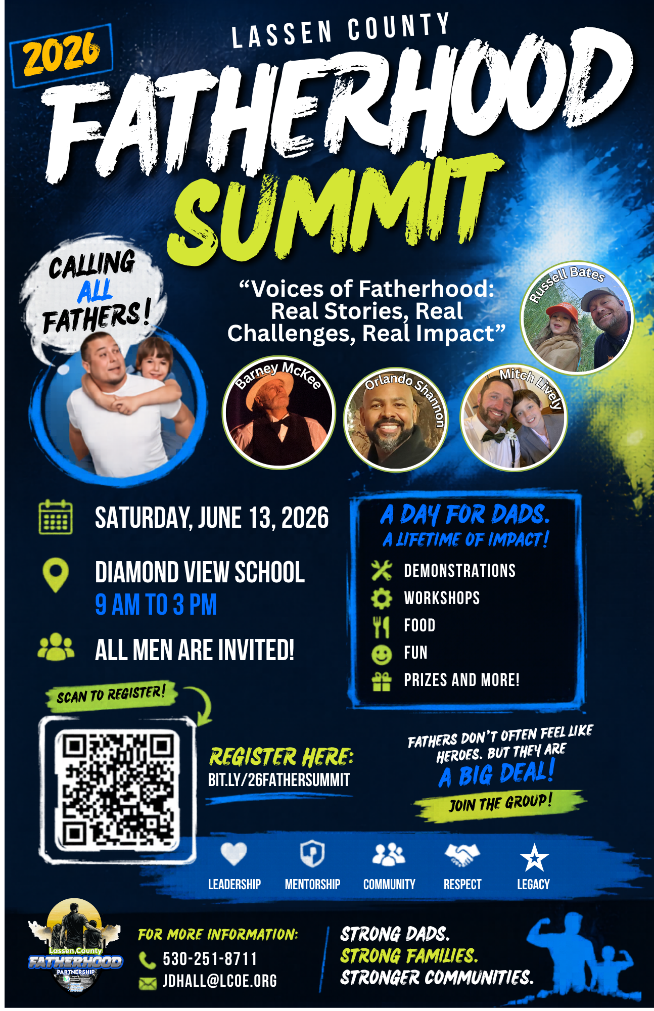 Flyer for the 2026 Lassen County Fatherhood Summit featuring event details: Saturday, June 13 at Diamond View School from 9 a.m. to 3 p.m. The event is free and open to all men, with demonstrations, workshops, food, prizes, and activities. The design includes bold blue and white text on a dark background, a green California graphic, a photo of a father and child, and a QR code with a registration link (bit.ly/26fathersummit) and contact information for more details.