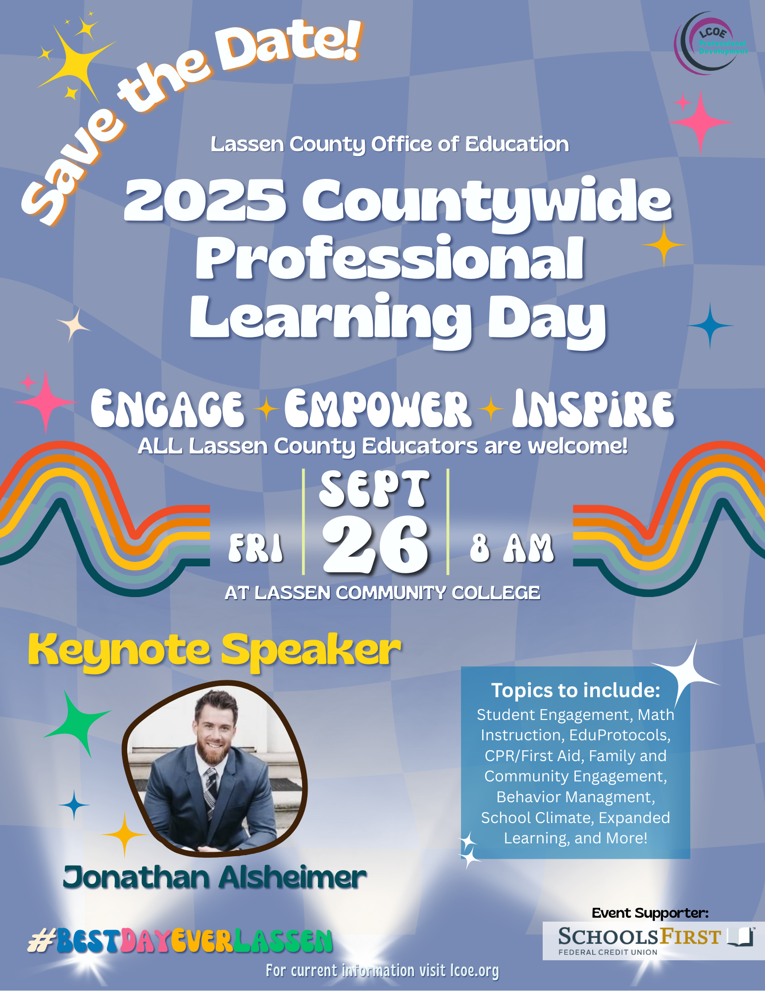 A purple/blue background with the text explaining the learning day along with a photo of Jonathan Alsheimer.