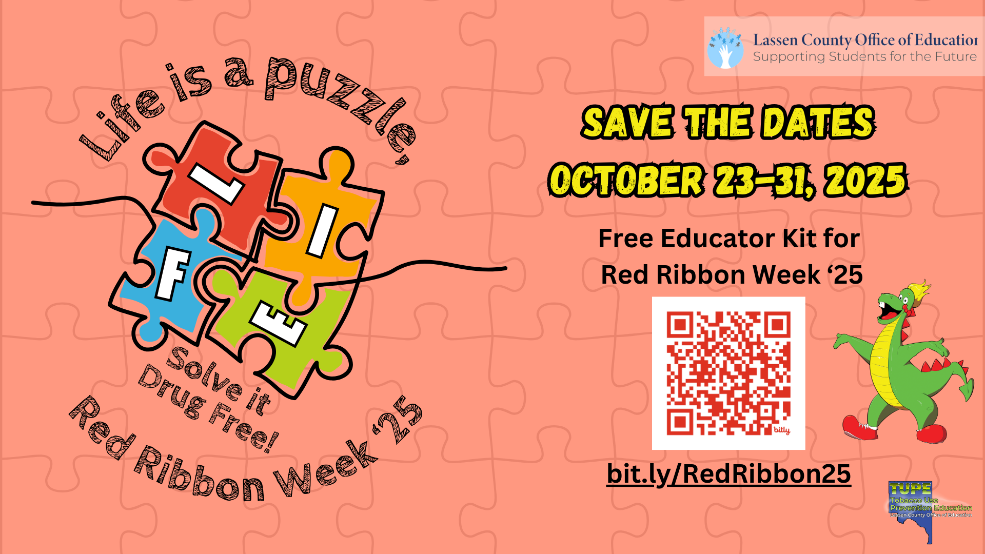 Promotional banner for Red Ribbon Week 2025 by the Lassen County Office of Education. The theme reads “Life is a puzzle, solve it drug free!” with the word 