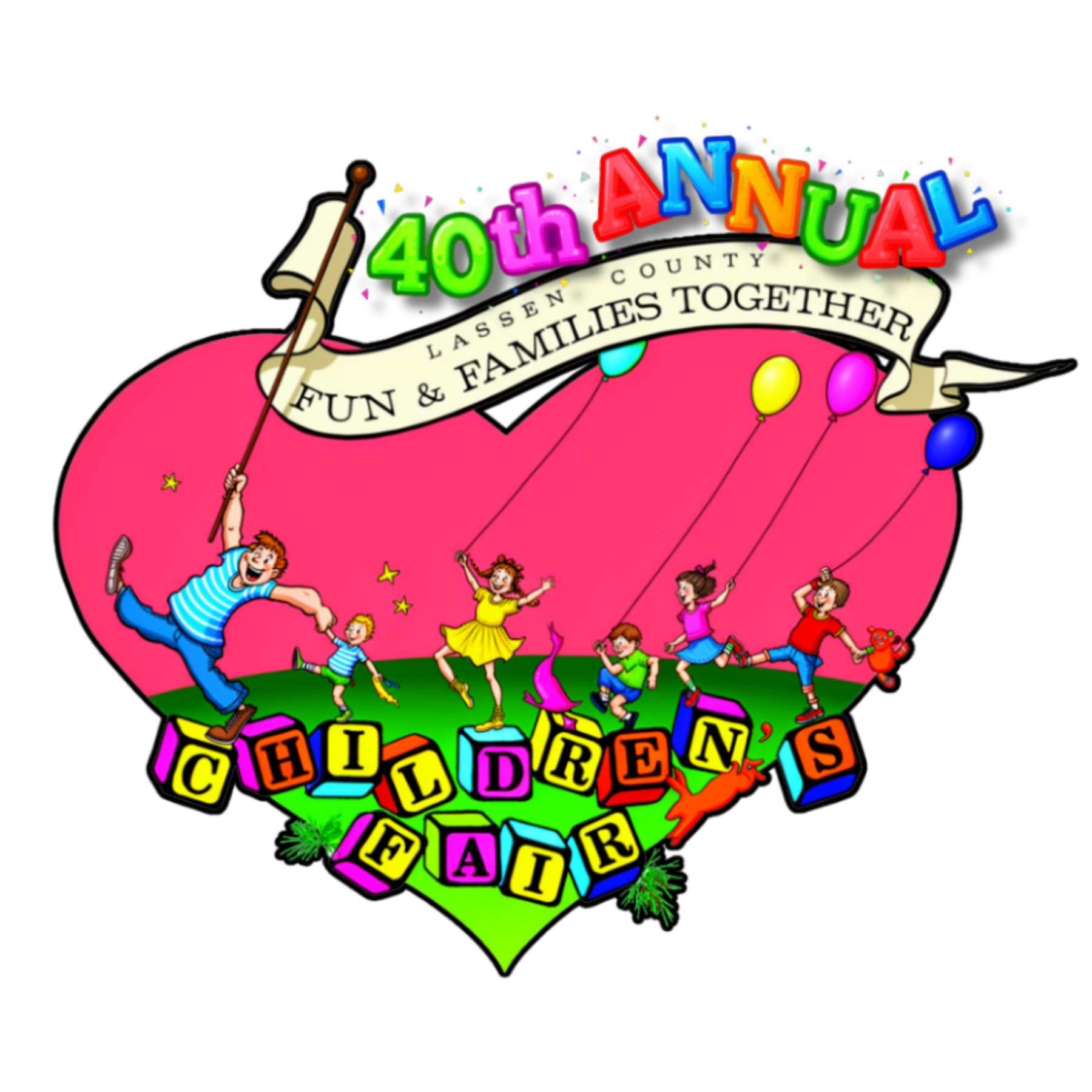 Colorful logo for the 40th Annual Lassen County Children’s Fair featuring cartoon children playing and jumping across letter blocks that spell “Children’s Fair.” The design includes bright balloons, a banner reading “Fun & Families Together,” and a festive, playful theme celebrating community and family fun.